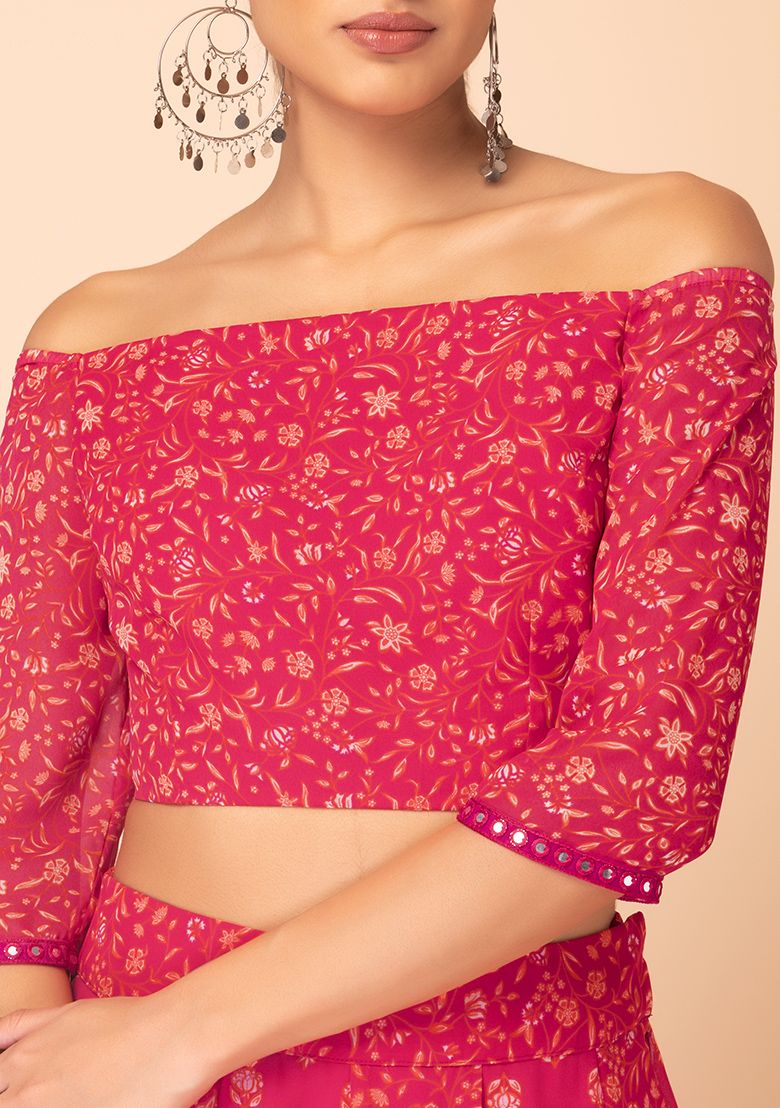 Buy Women Hot Pink Floral Print Off Shoulder Blouse Exclusive Deals Indya 0939