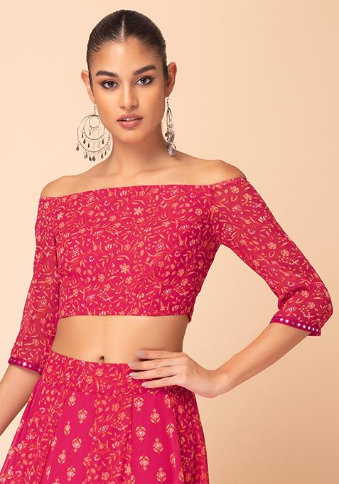 Buy Women Hot Pink Floral Print Off Shoulder Blouse Exclusive Deals Indya 
