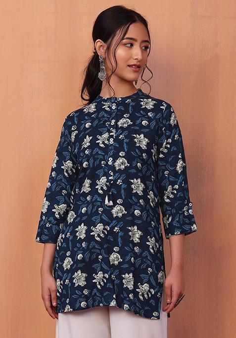 Dark Blue Floral Print Embroidered Rayon Top