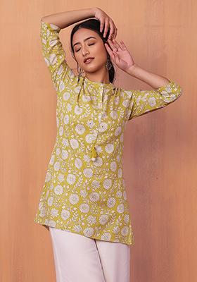 Yellow Floral Print Embroidered Rayon Top