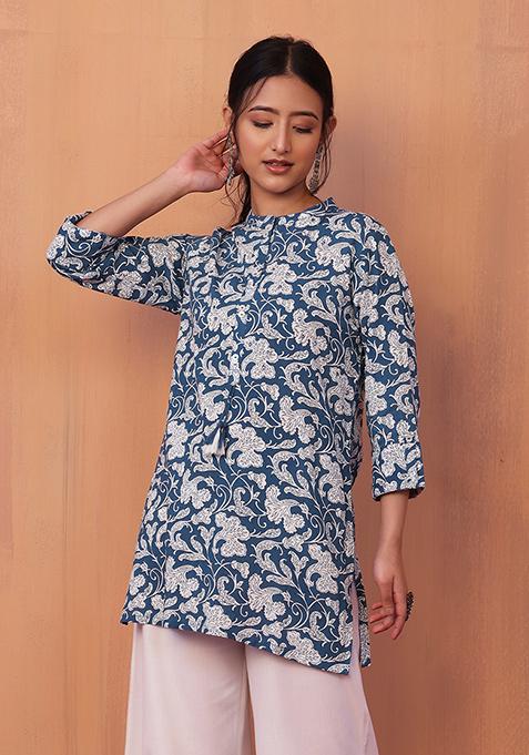 Blue Floral Print Mirror Embroidered Rayon Top