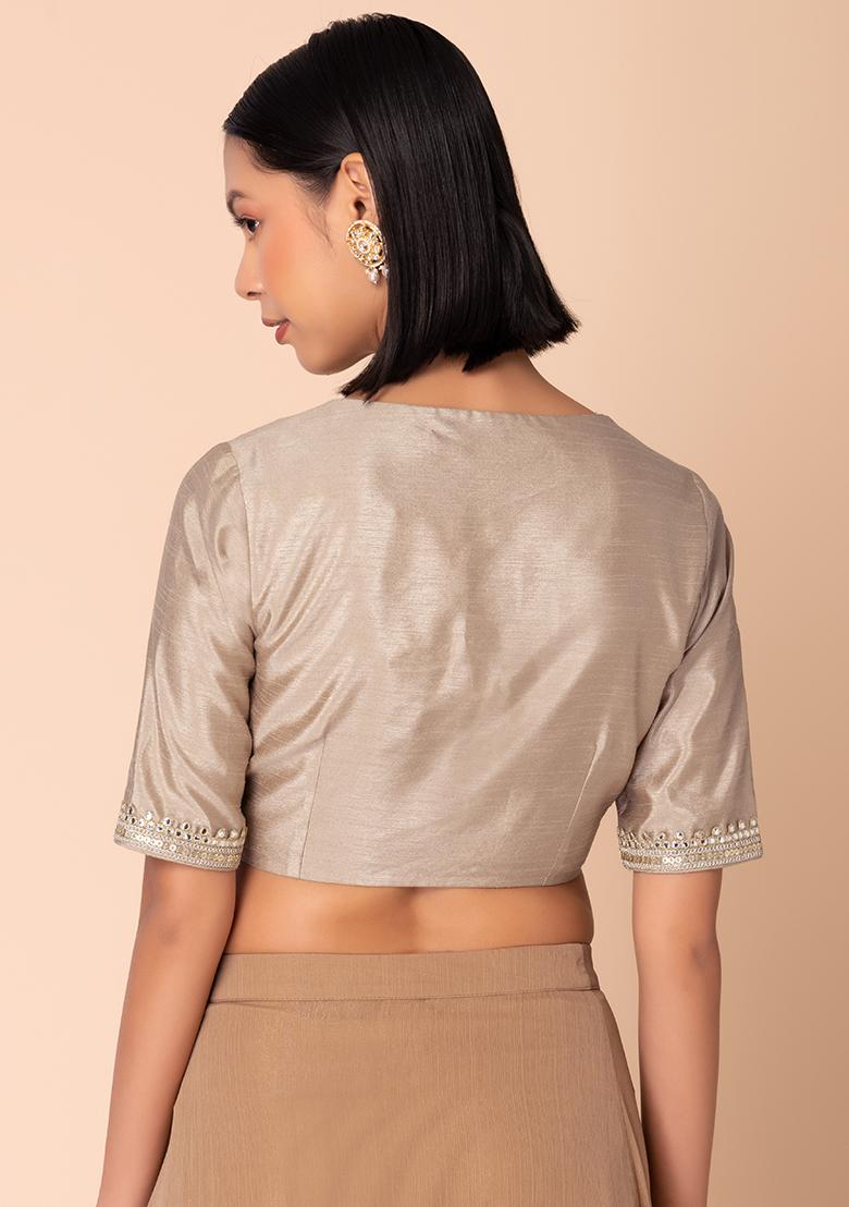 Beige Sequin Embroidered Silk Blouse