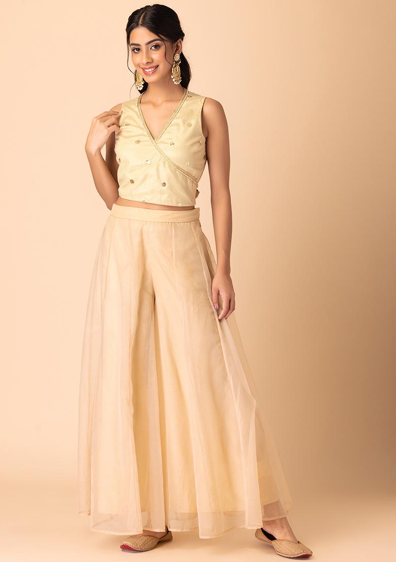 Beige Sequin Embroidered Wrap Blouse