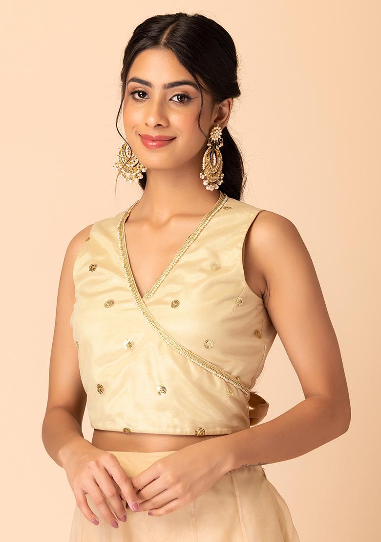 Beige Sequin Embroidered Wrap Blouse