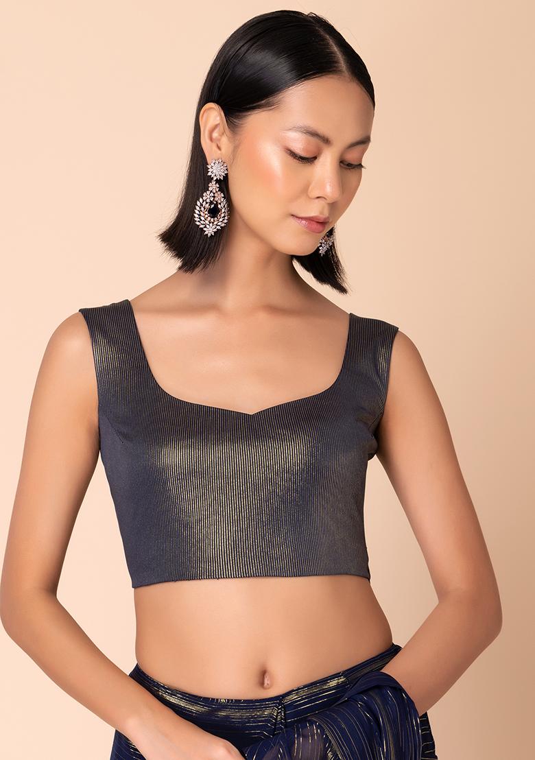 Navy Blue Foil Print Lycra Blouse