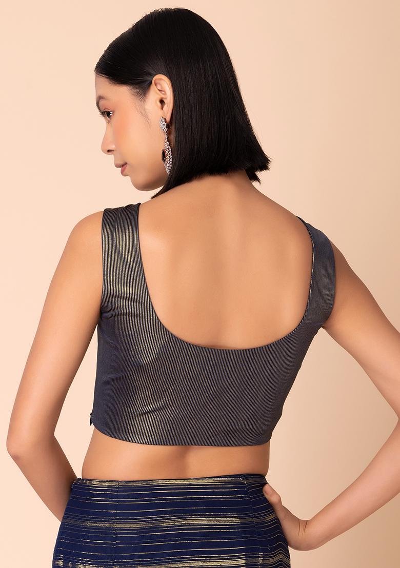 Navy Blue Foil Print Lycra Blouse