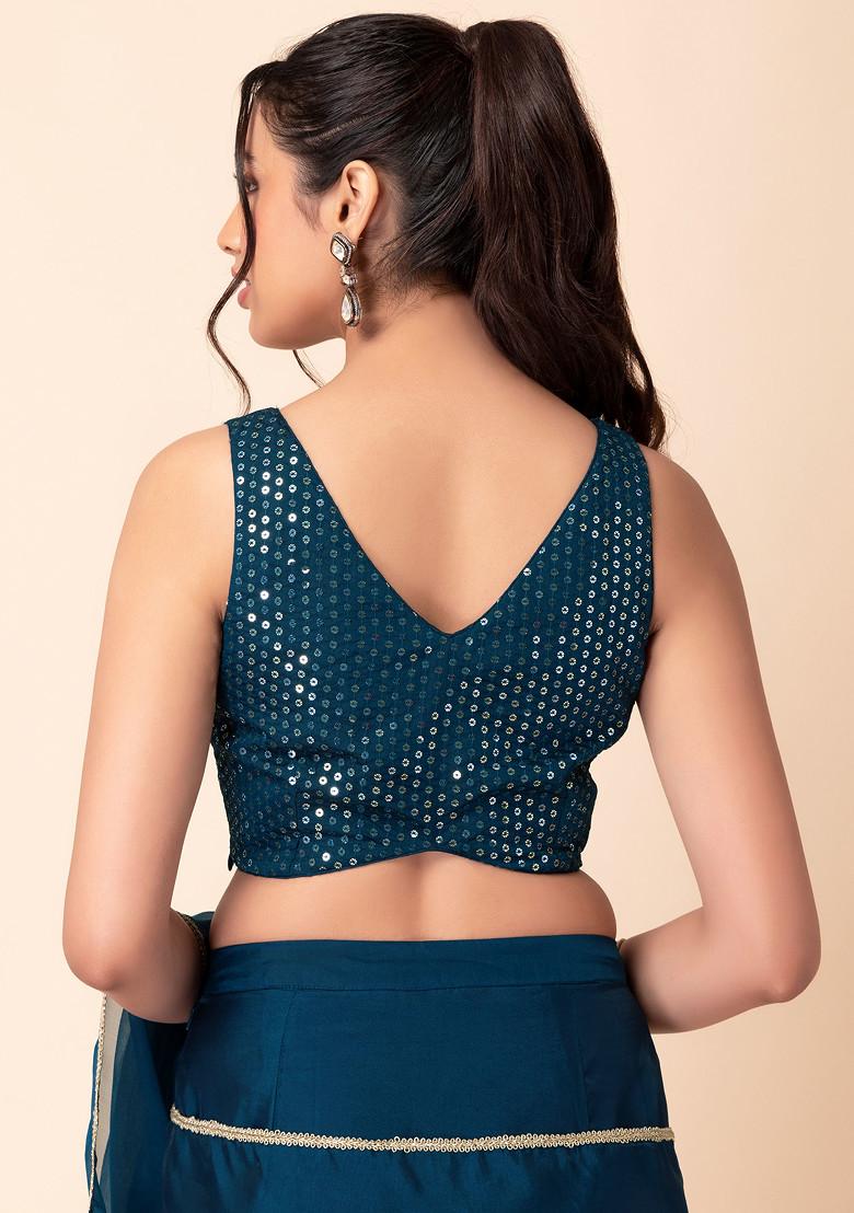 Teal Blue Sequin Embroidered Silk Blouse