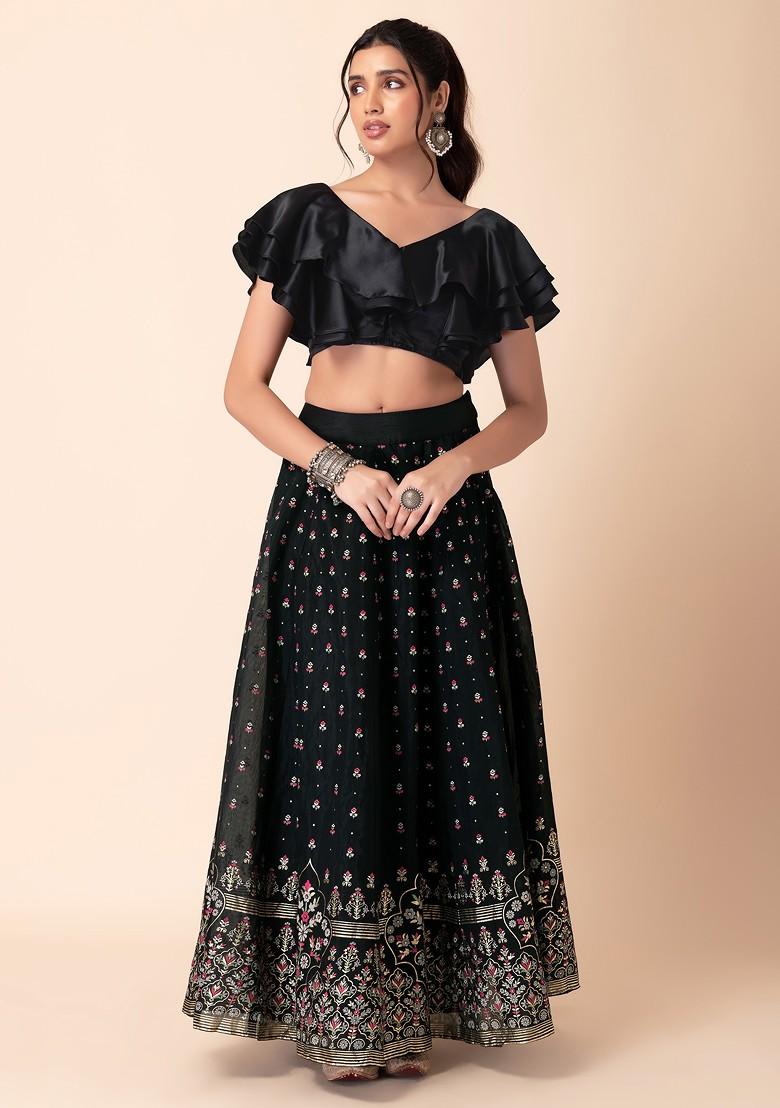 Black Satin Ruffled Blouse