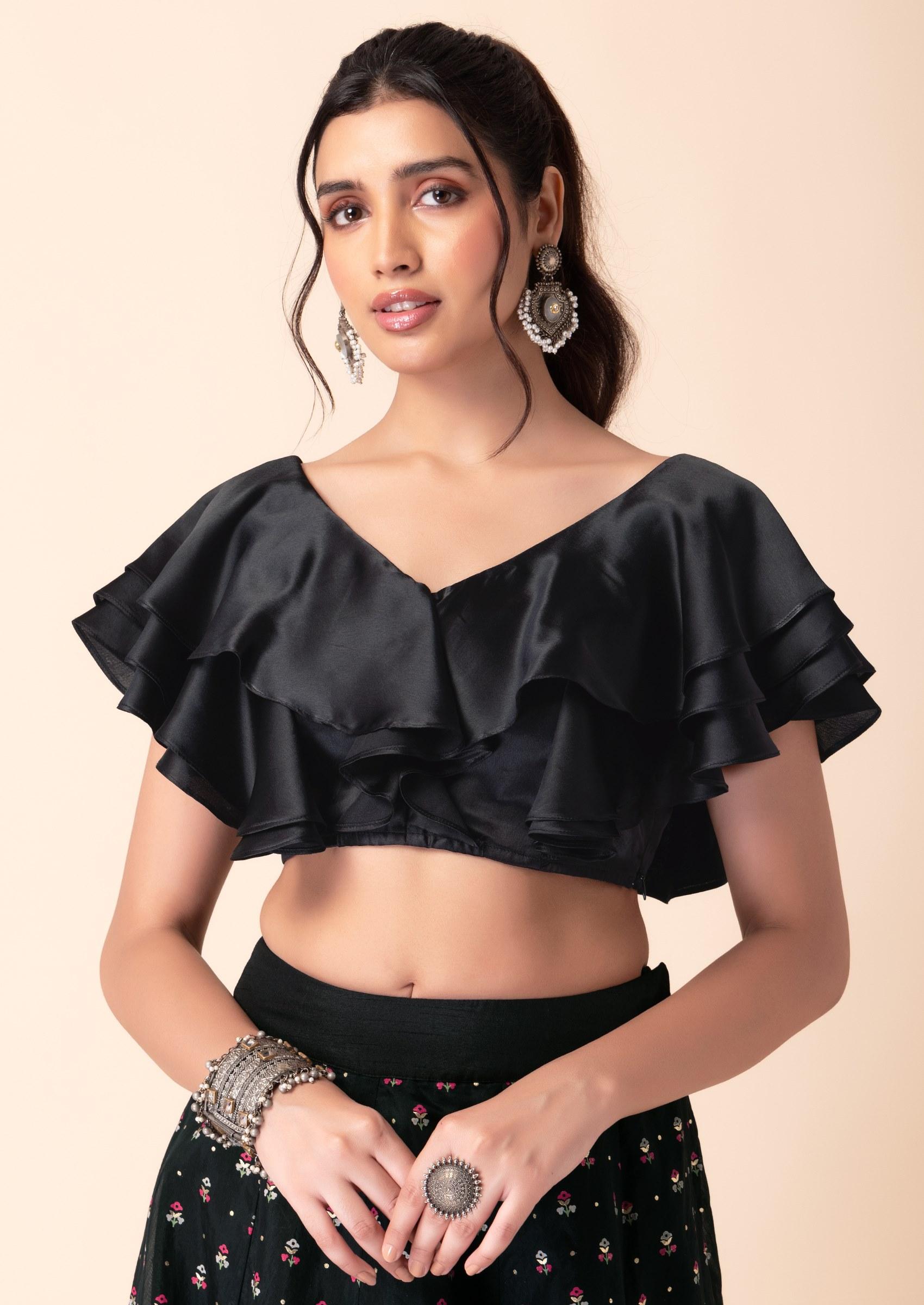 Black Satin Ruffle Shirt