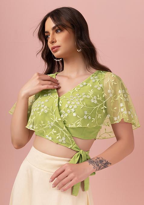 Light Green Sequin Embroidered Wrap Blouse