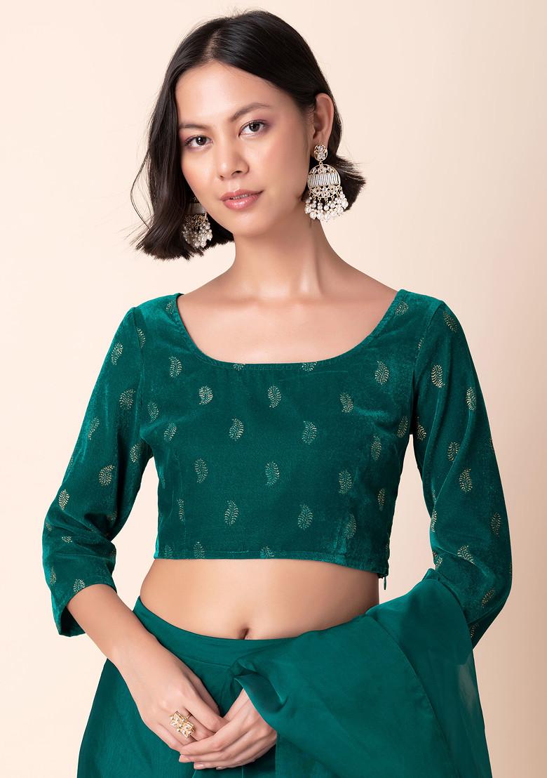 Green Foil Boota Print Velvet Blouse