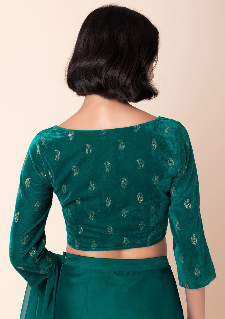 Green Foil Boota Print Velvet Blouse
