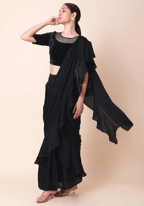 Buy Women Black Zari Embroidered Velvet Blouse - RTW - Indya