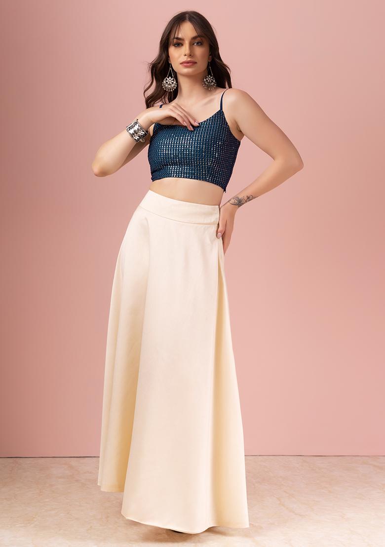 Teal Blue Sequin Thread Embroidered Strappy Blouse