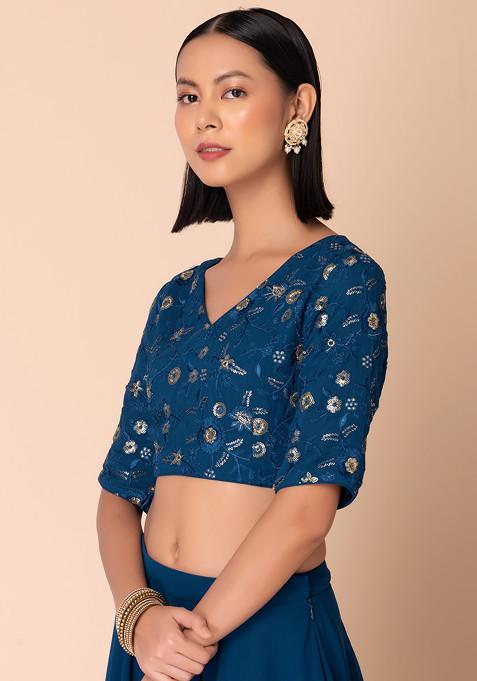 Buy Women Dark Blue Floral Zari Embroidered Blouse Blouses Indya Canada 