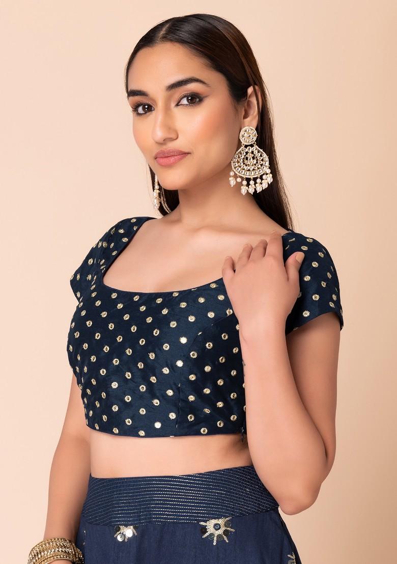 Navy Blue Polka Dot Sequin Embroidered Blouse