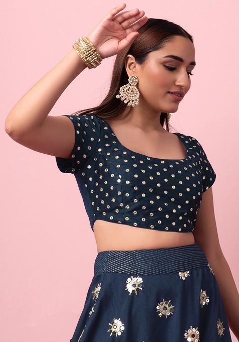 Navy Blue Polka Dot Sequin Embroidered Blouse