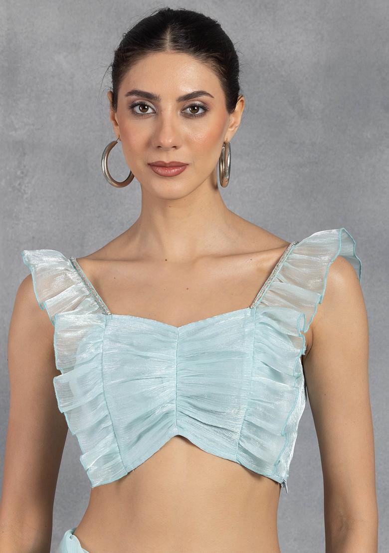 Light Blue Ruched Shimmer Organza Blouse - Indya