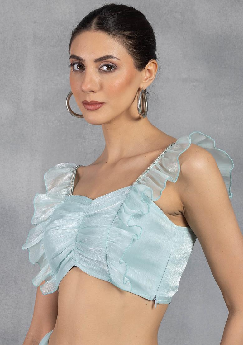 Light Blue Ruched Shimmer Organza Blouse - Indya