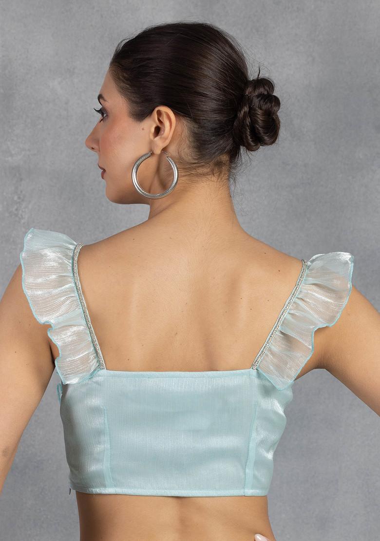 Light Blue Ruched Shimmer Organza Blouse - Indya