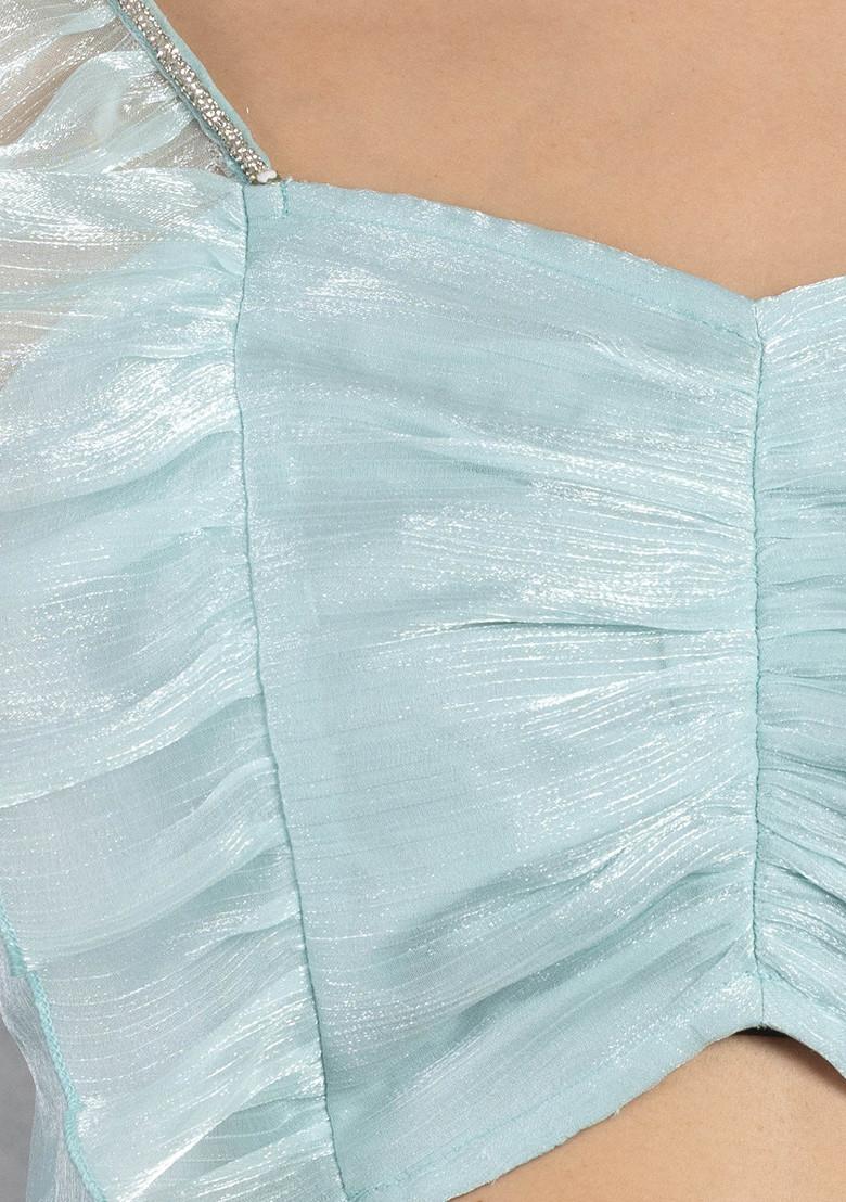 Light Blue Ruched Shimmer Organza Blouse - Indya