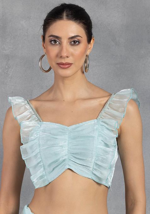 Light Blue Ruched Shimmer Organza Blouse