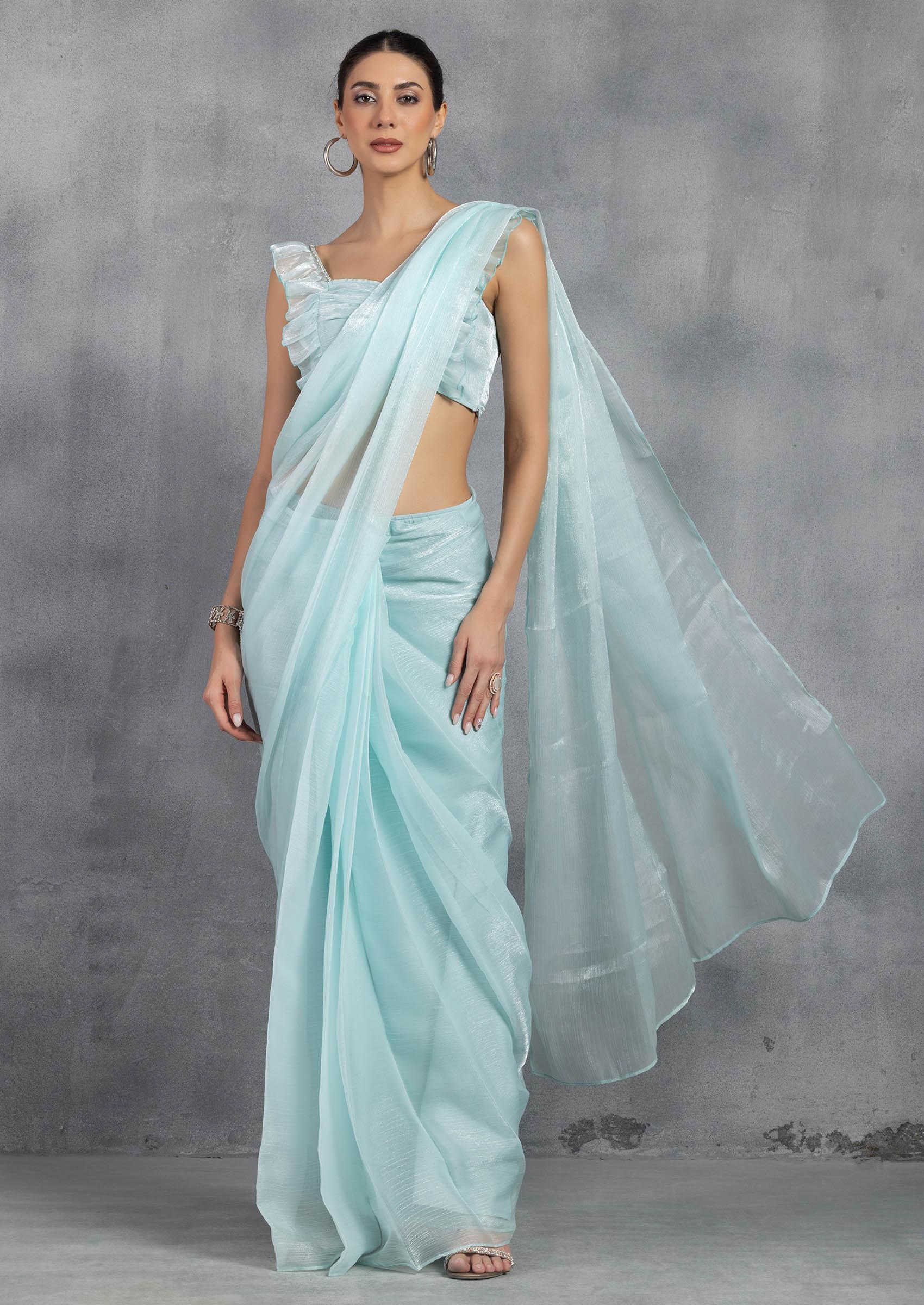 Light Blue Ruched Shimmer Organza Blouse - Indya