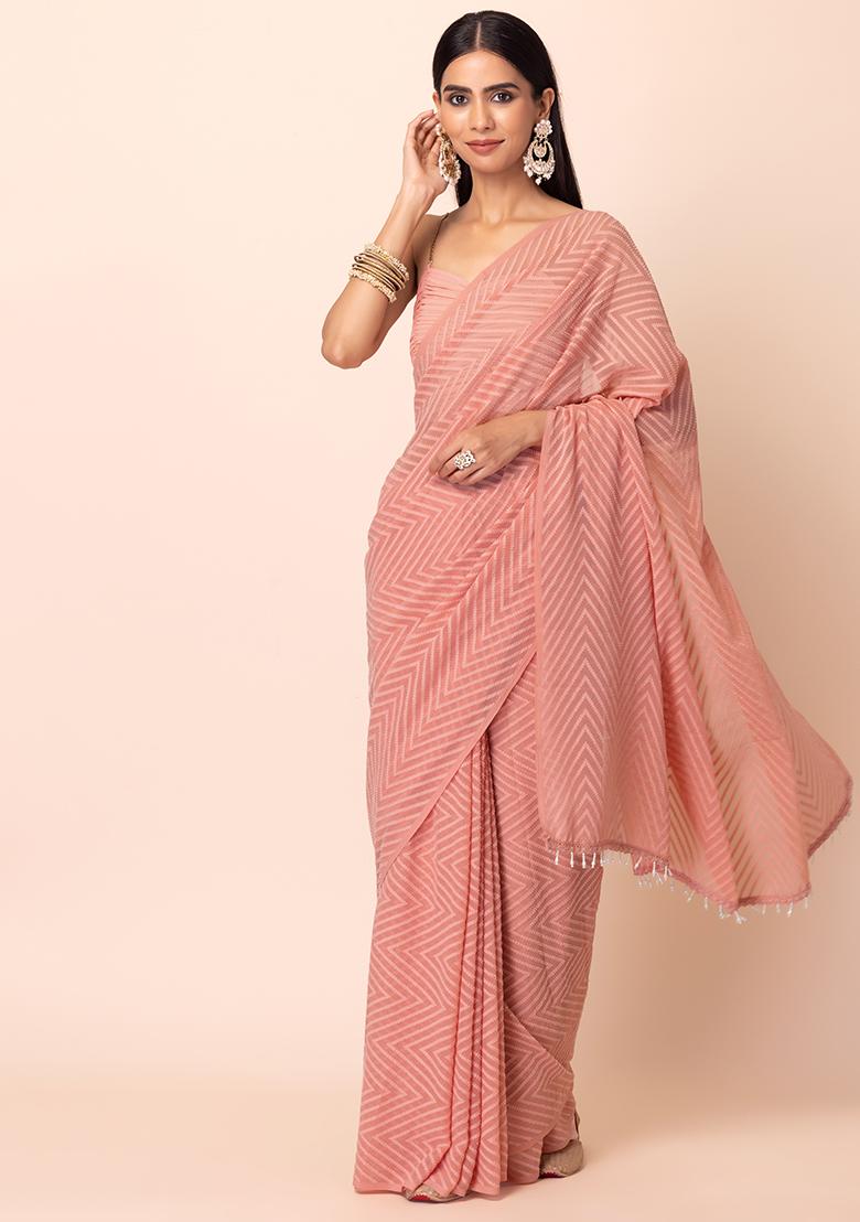 Pastel Peach Floral Print Saree With Blouse
