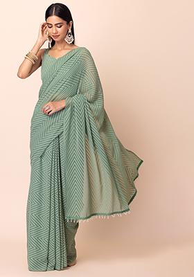 Light Green Saree With Attached Unstitched Blouse