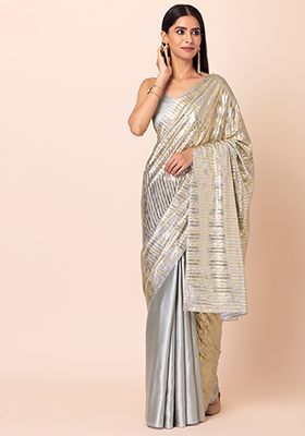 Buy Women Grey And Gold Satin Saree With Unstitched Blouse - RTW - Indya