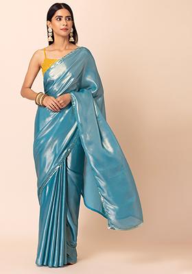 Turquoise Blue Saree With Attached Contrast Unstitched Blouse