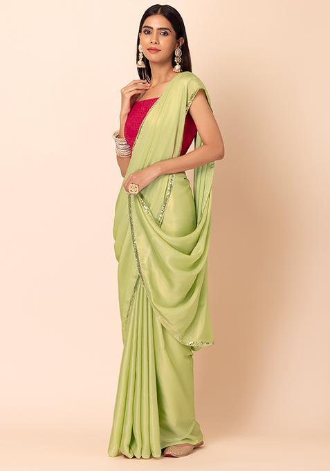 Lime Green Foil Georgette Saree With Berry Pink Unstitched Blouse