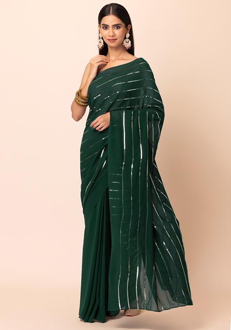 Emerald Embroidered Pallu Georgette Saree With Gold Lycra Unstitched Blouse  