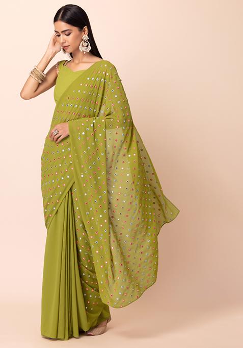 Green Mirror Embroidered Saree With Unstitched Blouse
