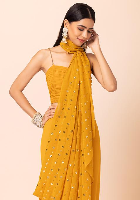 Mustard Embroidered Georgette Saree With Unstitched Blouse  