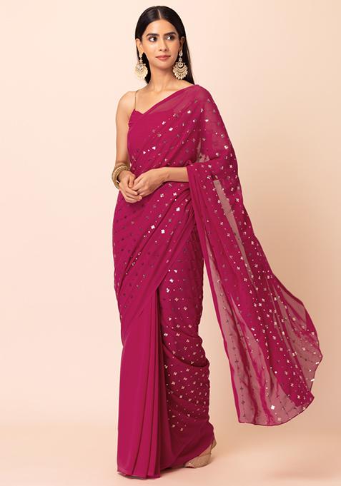 Berry Pink Embroidered Georgette Saree With Unstitched Blouse  