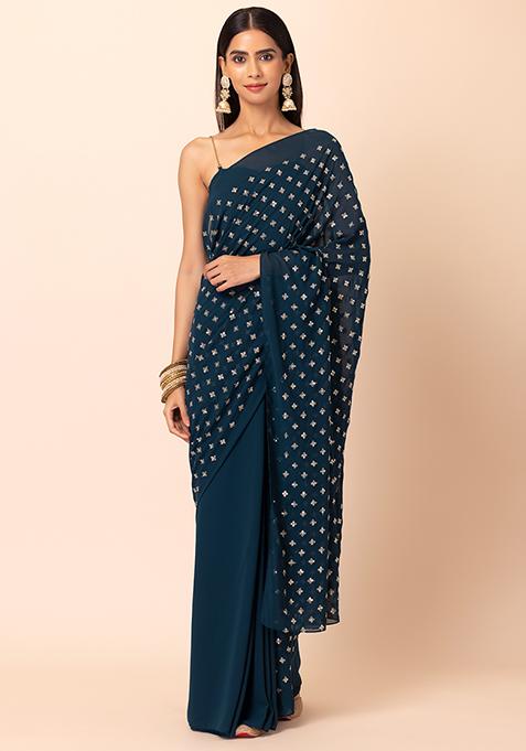 Blue Floral Embroidered Satin Saree With Unstitched Blouse Piece