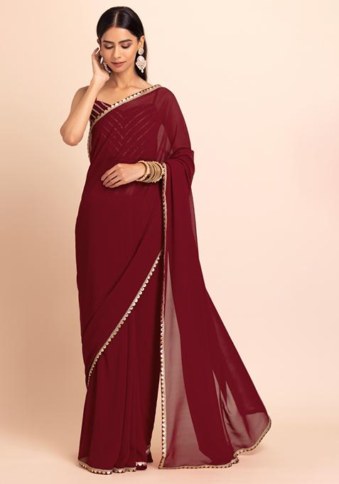 Maroon Saree With Unstitched Blouse