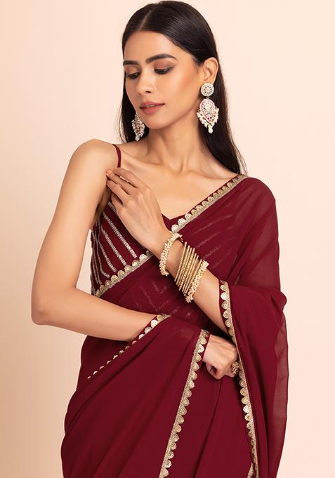 Maroon Solid Silk Blend Saree With Unstitched Blouse Piece