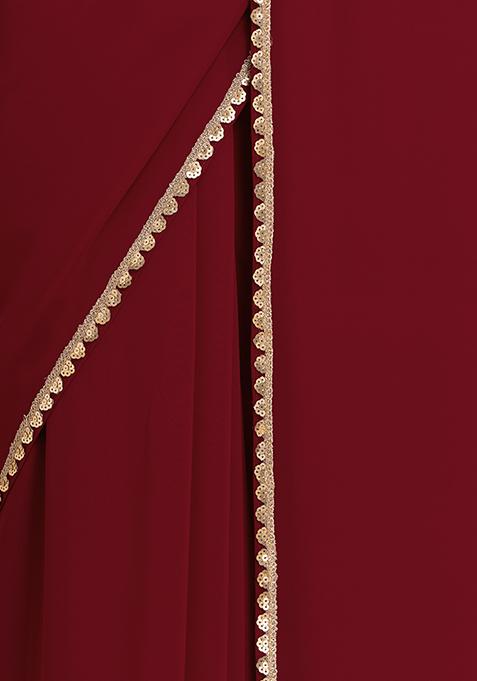 Maroon Solid Cotton Blend Saree With Unstitched Blouse Piece