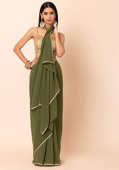Sari Indien Femme Georgette Léger Imprimé | Saree Vert Avec Blouse Mehendi - 1147