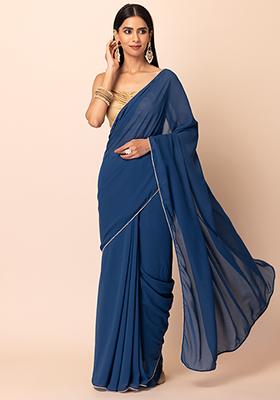 Blue Saree With Attached Unstitched Blouse
