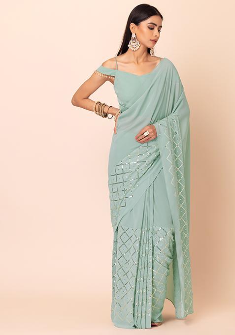 Light Green Sequin Embroidered Saree With Unstitched Blouse
