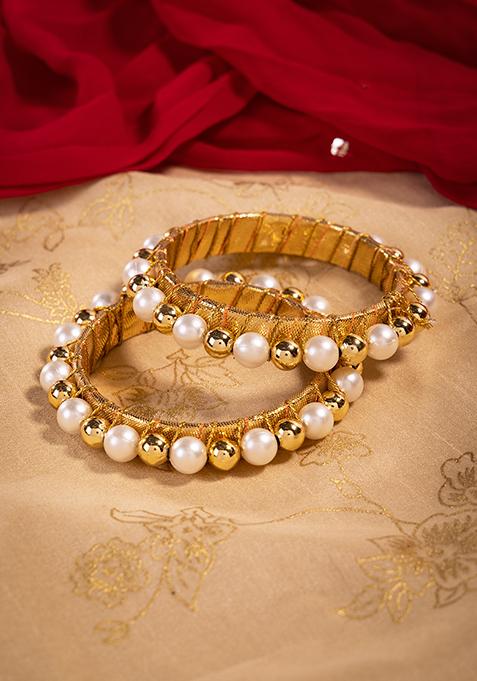 Gold Finish Pearl Embellished Bangles (Set of 2)