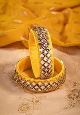 Yellow Crystal Embellished Bangles (Set of 2)