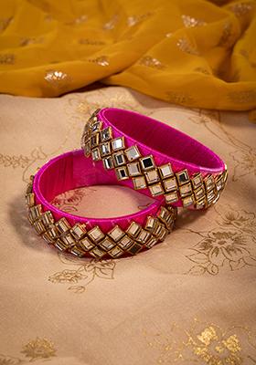 Hot Pink Crystal Embellished Bangles (Set of 2)