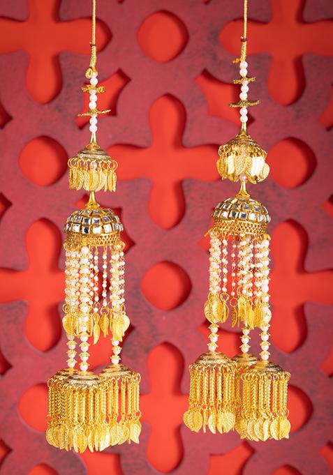 Gold Finish Pearl And Crystal Embellished Three Tier Kalire (Set of 2)