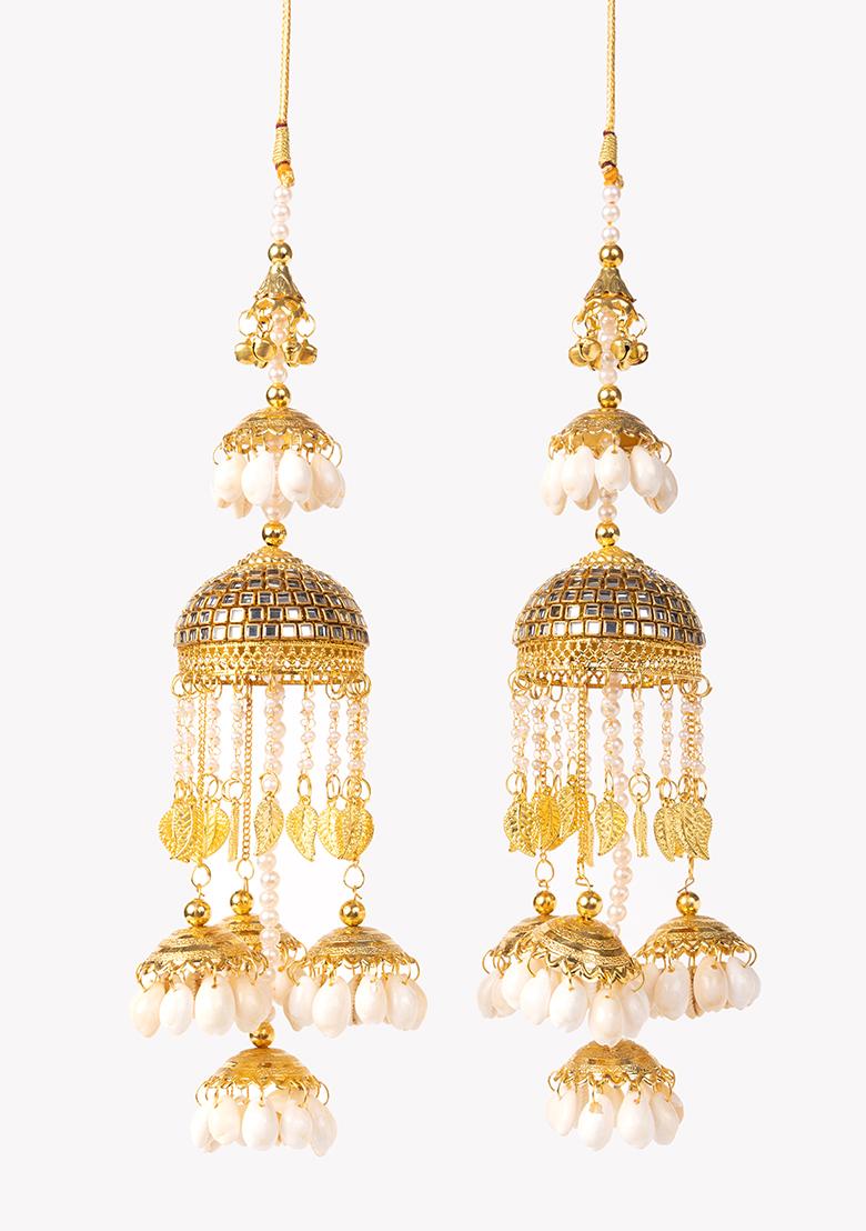Gold Finish Pearl And Shell Embellished Three Tier Kalire (Set of 2)