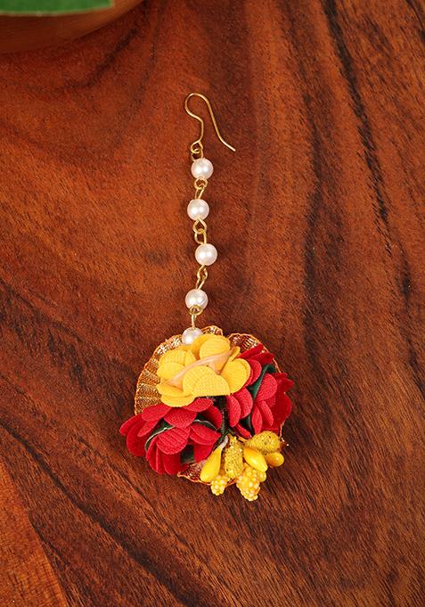 Red And Yellow Pearl Embellished Floral Maangtika (Set of 10)
