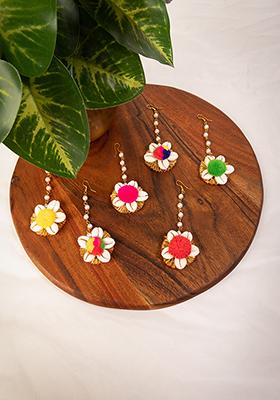 Gold Finish Shell And Pom Pom Floral Maangtika (Set of 12)